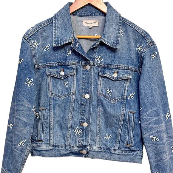 Madewell Embroidered Daisy Denim Jacket Women Small Blue Jean Trucker Style Boxy - Picture 1 of 12